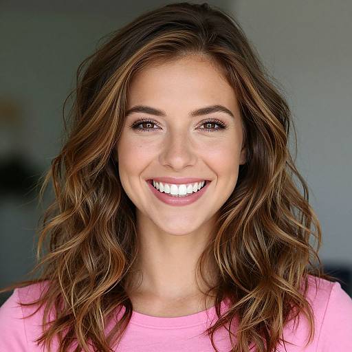 Photograph of a smiling woman with wavy brown hair, fair skin, wearing a pink shirt, against a blurred gray background.