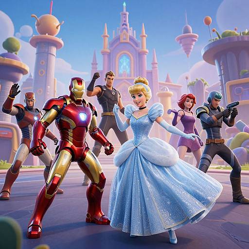 Digital illustration of a blue Disney Princess in a white gown, surrounded by Avengers in superhero costumes, standing in a colorful, fantasy castle courtyard. Bright,