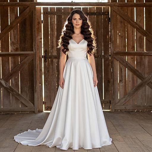 Photograph of a woman with long, wavy black hair wearing a white, V-neck, satin wedding gown, standing in front of wooden barn doors