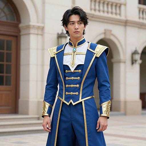 Photorealistic CGI of a young Asian man with wavy black hair, wearing a blue and gold ornate military-style uniform, standing in front of