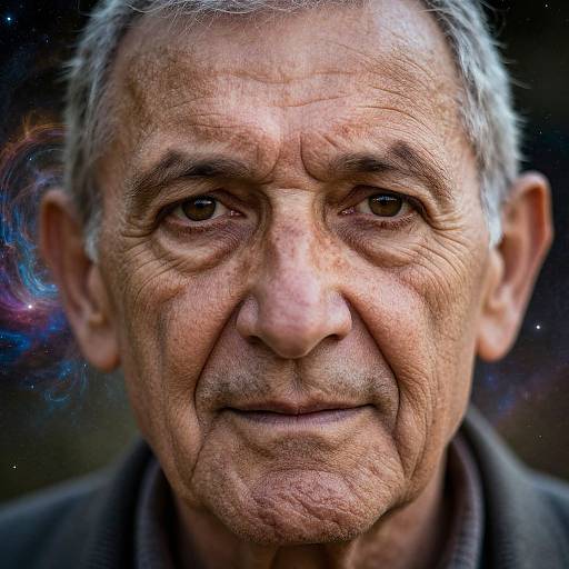 Close-up photograph of an elderly man with wrinkled skin, gray hair, and deep-set eyes, set against a cosmic background with stars. He wears