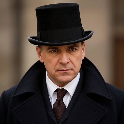 Photograph of a middle-aged man with fair skin, wearing a black top hat, black overcoat, white shirt, and dark brown tie, with