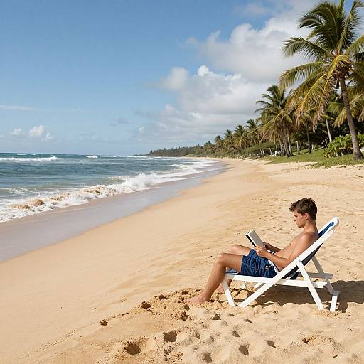 Photograph of a young, shirtless boy in blue-striped swim trunks reading on a white beach chair on a sunny, palm-lined tropical beach with