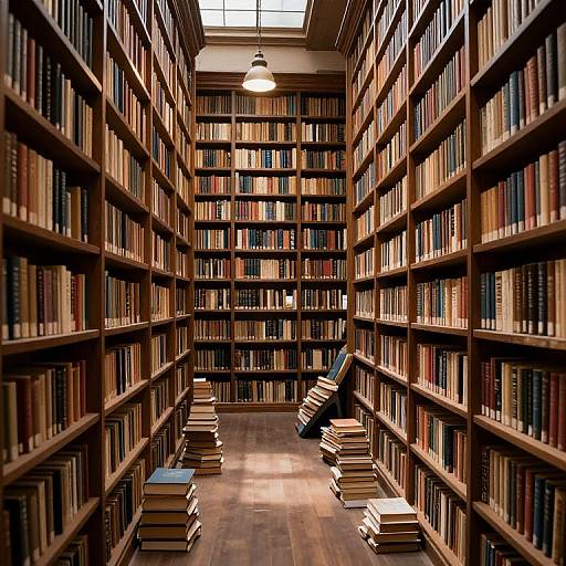 Photograph of a narrow, well-lit library aisle with tall wooden bookshelves filled with colorful books, stacks on the floor, and a single