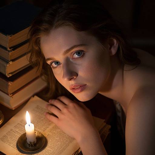 Photograph of a young woman with blue eyes, brown hair, and fair skin, illuminated by a candle's warm light, reading an open book,