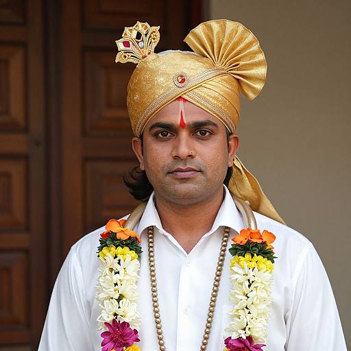 Photograph of a South Asian man with medium brown skin, wearing a gold turban, white shirt, and floral garland, standing before wooden doors