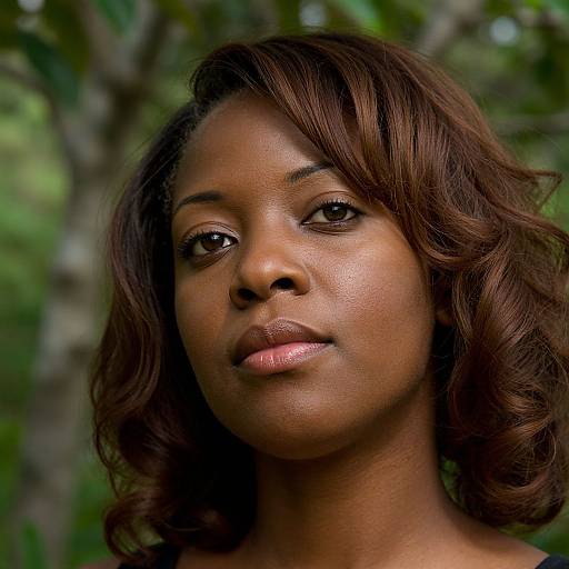 Photograph of a beautiful Black woman with dark brown, wavy hair, glossy brown eyes, and smooth, dark skin, standing in a lush green