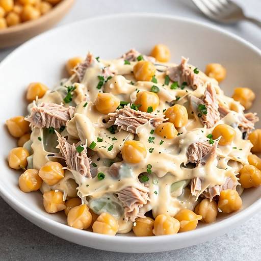 Photograph of a white bowl filled with creamy chicken and corn salad, topped with shredded chicken and chopped green onions.