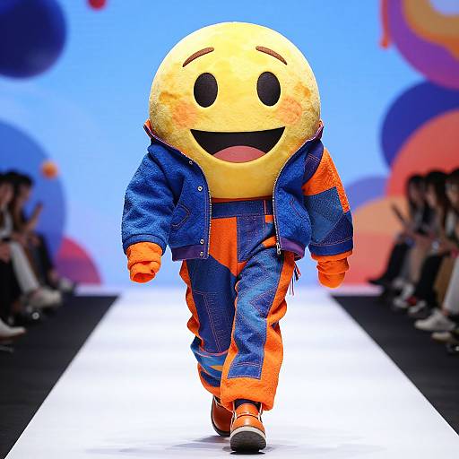 Photograph of a smiling, yellow, emoji-like mascot in a blue and orange jumpsuit, running on a bright runway with a colorful, abstract background