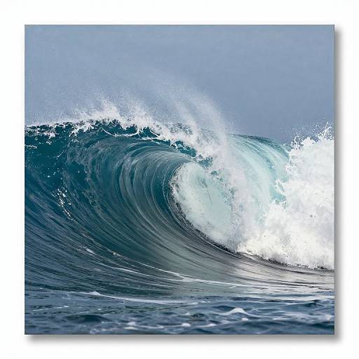 Photograph of a powerful, curling ocean wave with white foam cresting, set against a clear blue sky. Dark blue water contrasts with the bright