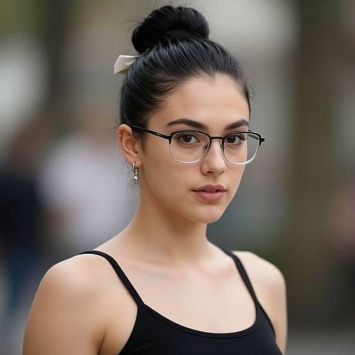Photograph of a young woman with fair skin, black hair in a bun, black-rimmed glasses, black tank top, and silver earrings,