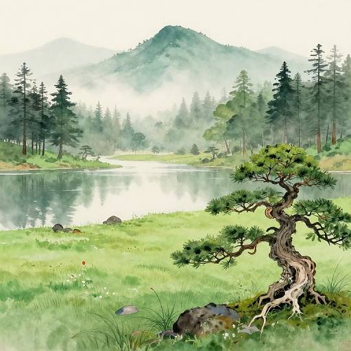 Zen Meadow by Lake in Watercolors