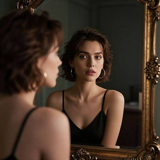 Photograph of a serious, dark-haired woman in a black spaghetti-strap top, reflected in an ornate, gold-framed mirror, dimly