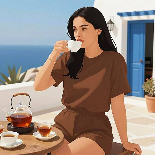 Lanky Woman Enjoying Tea in Mediterranean Villa