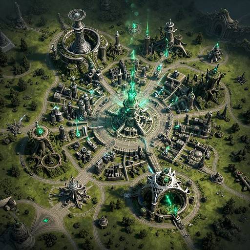 Aerial CGI view of a glowing, futuristic, castle-like city with green luminescent towers, intricate pathways, and dark, forested surroundings.