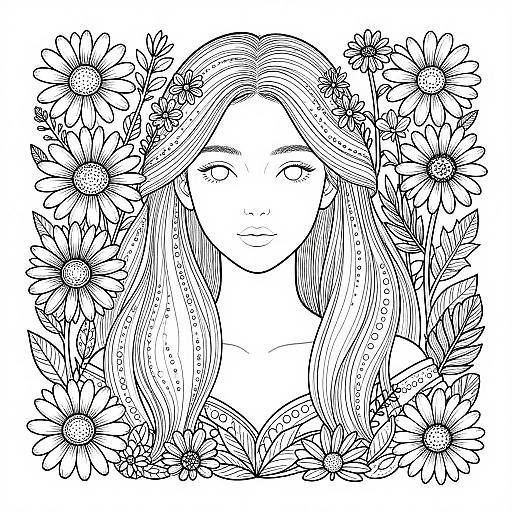 Black and white line drawing of a woman with long hair, surrounded by a circular frame of sunflowers and leaves.