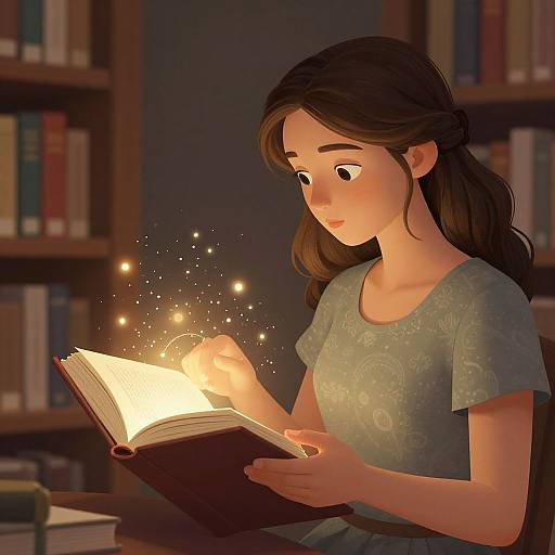 Digital illustration of a young girl with long brown hair reading a glowing book in a dimly lit library, surrounded by sparkling lights.