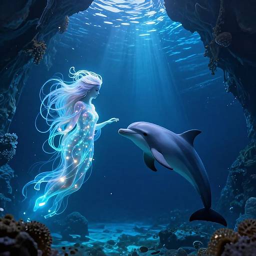 Digital artwork of a glowing mermaid with flowing blue hair and bioluminescent lights, interacting with a dolphin underwater in a dark, rocky cave,