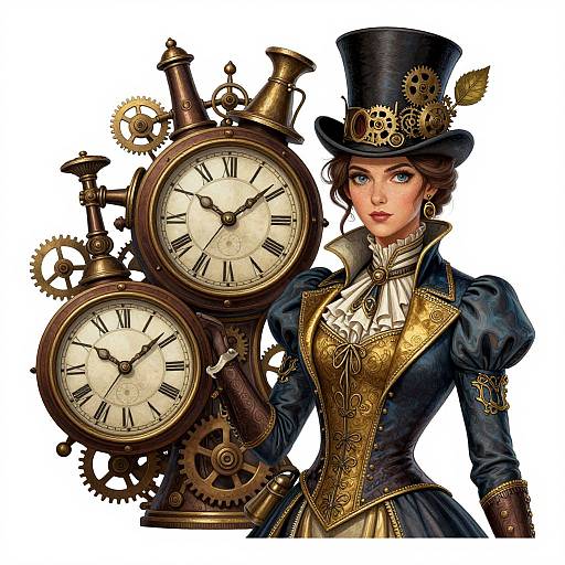 Steampunk-style digital illustration of a woman with blue eyes, brown hair, black top hat, and Victorian blue and gold dress, holding a large