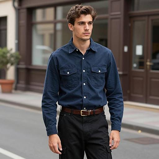 Man in Dark Blue Shirt Standing on Street