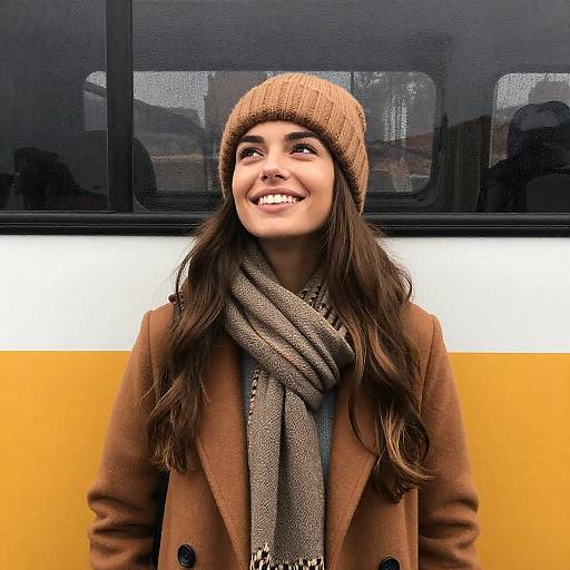 Smiling Woman in Brown Winter Outfit by Bus