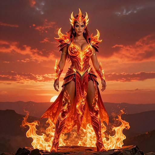 Digital art of a fiery, horned warrior woman with glowing red armor, standing in flames against a sunset sky.