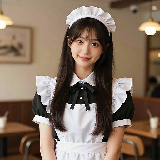 Photograph of an Asian woman with long black hair, smiling, wearing a traditional black and white French maid outfit, standing in a cozy cafe with warm
