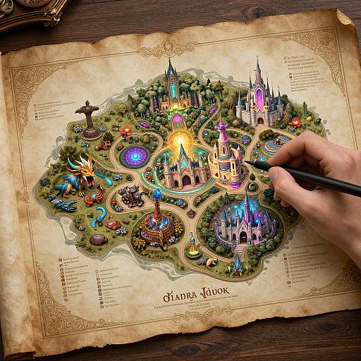Hand drawing vibrant, detailed fantasy map of a magical kingdom with colorful castles, gardens, and creatures on aged parchment.