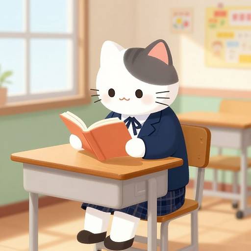 CGI image of a white cat with a black beret, blue blazer, and plaid skirt, reading a red book at a classroom desk