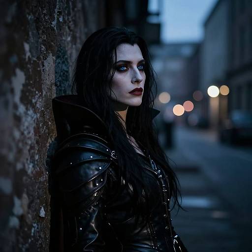 Photograph of a pale, dark-haired woman with striking blue eyes and red lipstick, wearing a black, studded leather jacket, leaning against a gritty