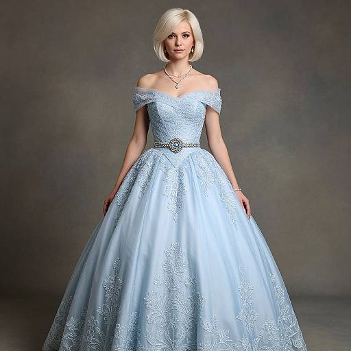 Photograph of a blonde woman in an off-shoulder, light blue, lace-embellished ball gown with a full skirt, standing against