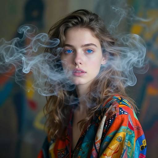 Photograph of a young woman with blue eyes, wavy brown hair, and a colorful, patterned shirt, surrounded by wispy white smoke.