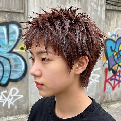 Photograph of an Asian teenage boy with spiky brown hair, wearing a black shirt, standing in front of graffiti-covered concrete wall.