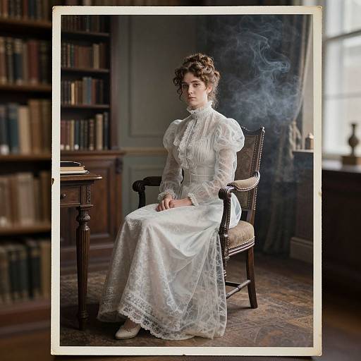 Photograph of a Victorian-era woman with curly hair, wearing a white lace dress, sitting in a smoky library with wooden bookshelves and a