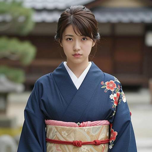 Young Japanese Woman in Blue Kimono