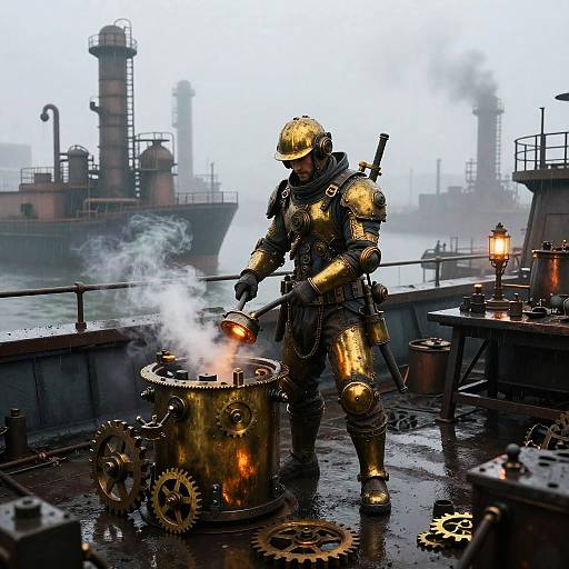 Hyperrealistic Steampunk Mechanic on Foggy Rooftop