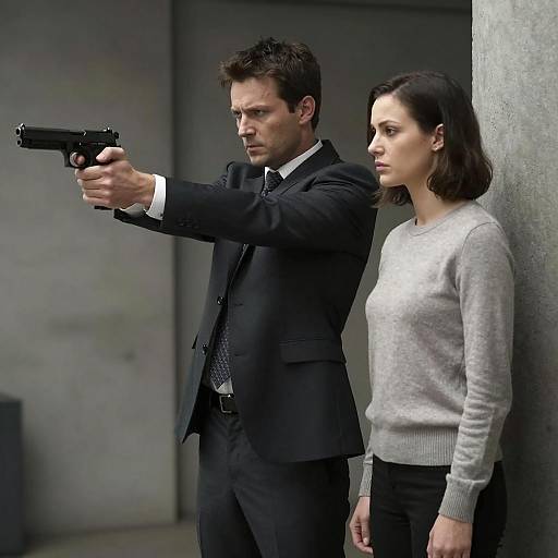 Man aiming gun with woman standing nearby indoors