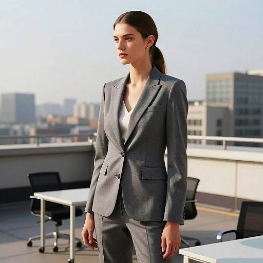 Photograph of a serious, fair-skinned woman with dark brown hair in a ponytail, wearing a gray pinstripe suit, standing on a