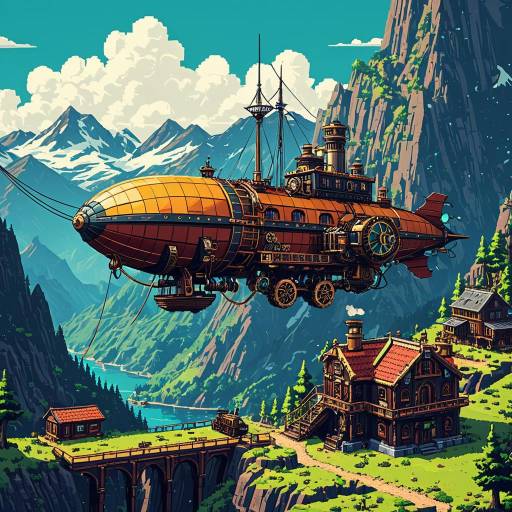 Vibrant Steampunk Airship Landscape Artwork