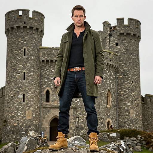 Photograph of a rugged man with short brown hair, wearing a green coat, black shirt, blue jeans, and tan boots, standing on rocks in