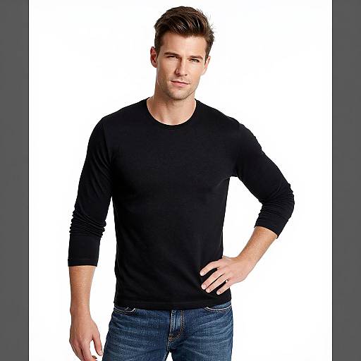 Photograph of a handsome, fair-skinned man with short brown hair, wearing a black long-sleeve shirt and blue jeans, standing against a