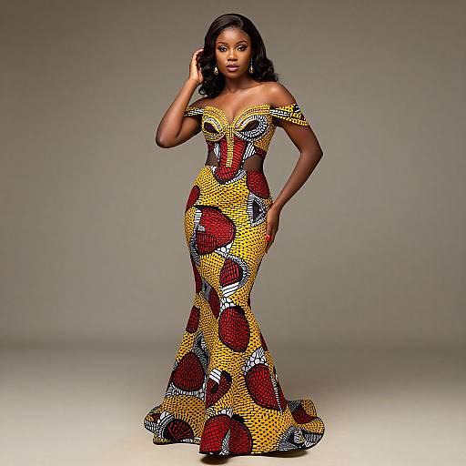 Photograph of a beautiful Black woman with dark skin, wearing a vibrant, off-shoulder, yellow and red patterned, form-fitting gown
