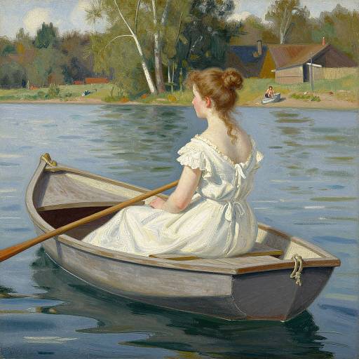 Impressionist painting of a young woman in a white off-shoulder dress, rowing a wooden boat on a calm lake, with trees and