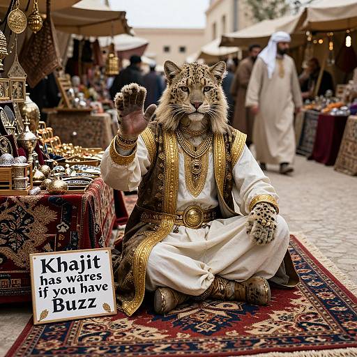 Photograph of a costumed leopard-man in ornate Middle Eastern attire, sitting at a bazaar stall, waving and holding a sign that reads 
