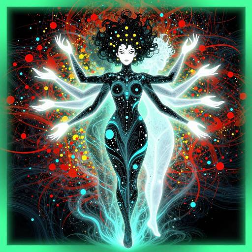 Digital artwork of a glowing, multi-armed, black and white woman with curly hair, surrounded by colorful splatters and abstract patterns.