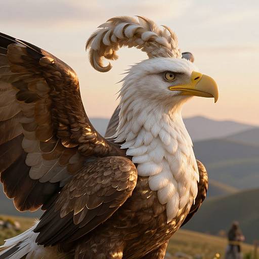 Photograph of a majestic bald eagle with dark brown wings and white head, sharp yellow beak, curling feathers, set against a mountainous sunset