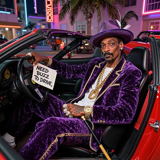 Photograph of a Black man in a purple velvet suit and hat, holding a 