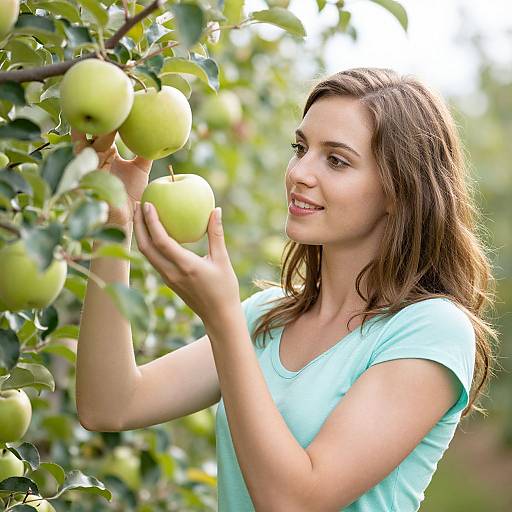 Young woman with light brown hair and fair skin, wearing a light blue shirt, picking green apples from a tree in a sunny orchard.