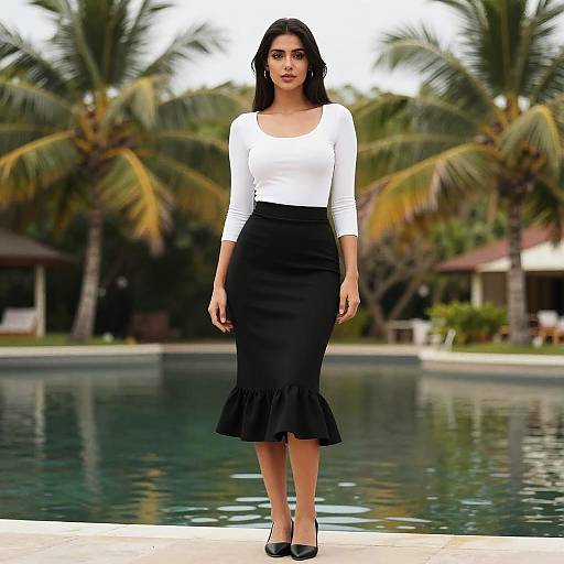 Photograph of a young woman with long black hair, wearing a white long-sleeve top and black skirt with a ruffle, standing by a