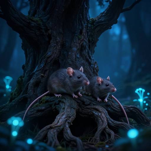Photograph of two gray, pink-eared mice with long tails, sitting on a gnarled tree root in a mystical, blue-lit forest